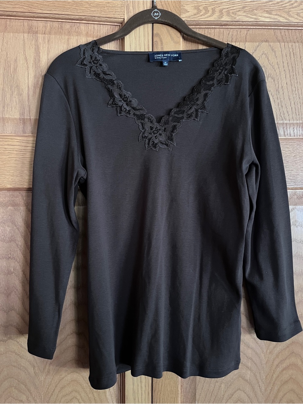 Jones New York Chocolate Brown V-Neck Top with Floral Lace Detail